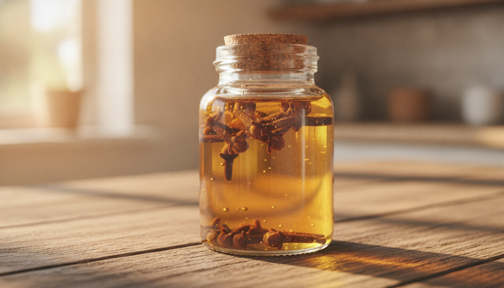 A close-up of whole cloves infusing in a carrier oil within a glass jar placed on a wooden table with soft natural light