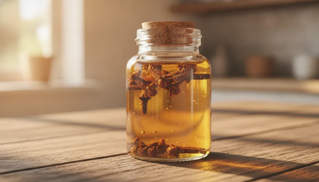 A close-up of whole cloves infusing in a carrier oil within a glass jar placed on a wooden table with soft natural light