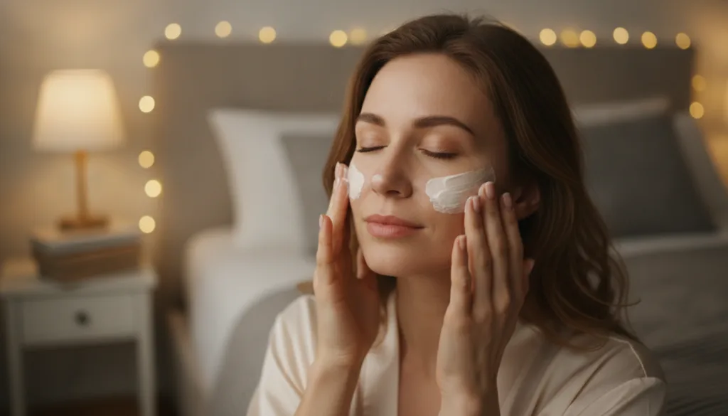 A person gently applying a homemade night cream to their face before bed with soft warm lighting The cream looks rich an