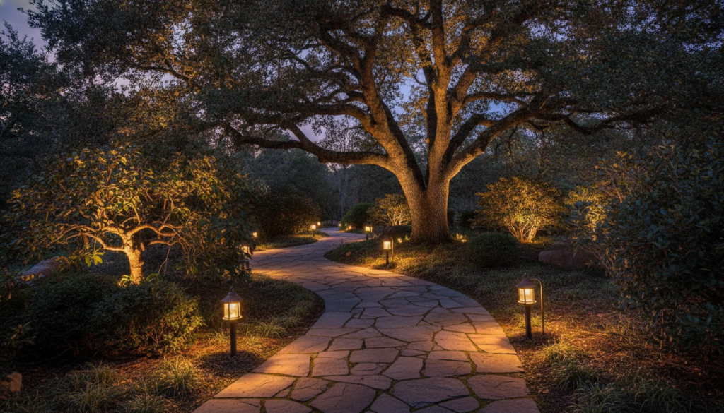 A beautifully lit garden path at dusk with soft path lights guiding the way and uplights accentuating nearby shrubs and