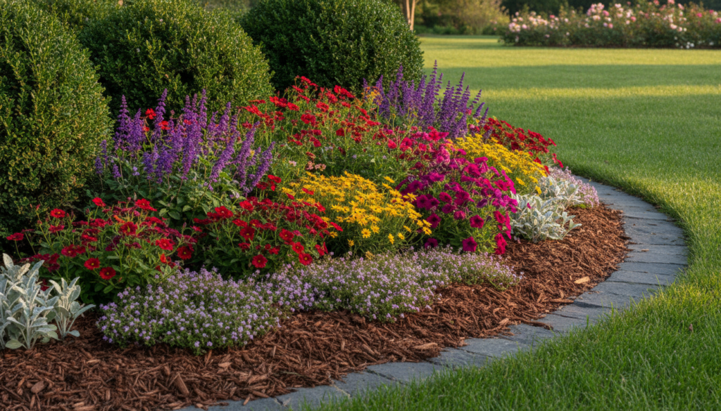 A close-up of a well-designed garden bed with layered plants showing a mix of evergreen shrubs colorful perennials and g