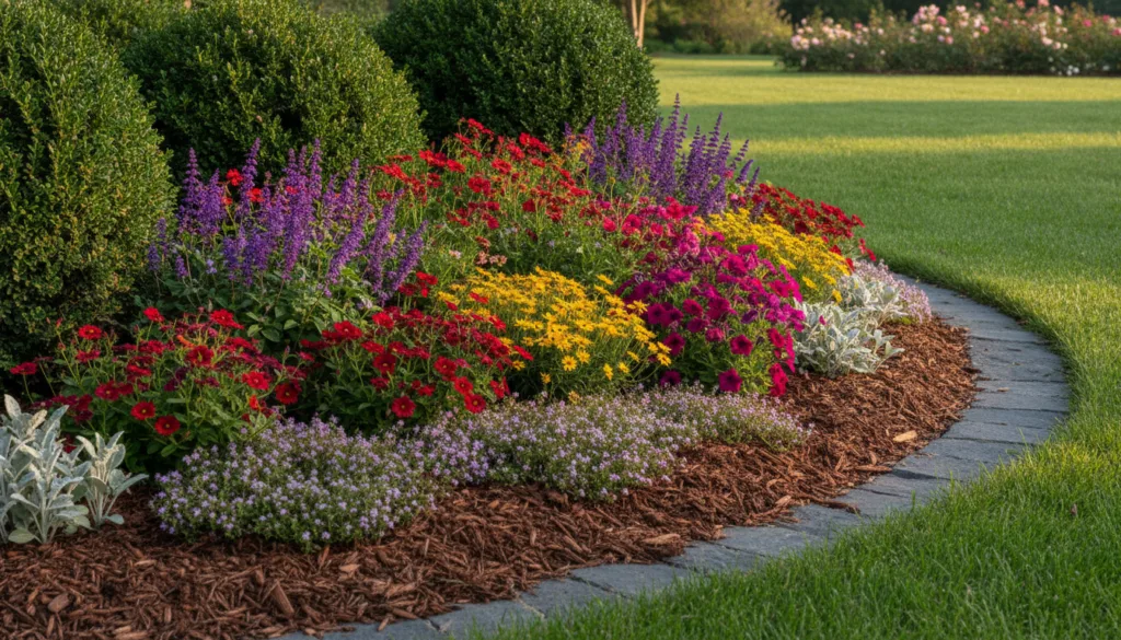 A close-up of a well-designed garden bed with layered plants showing a mix of evergreen shrubs colorful perennials and g