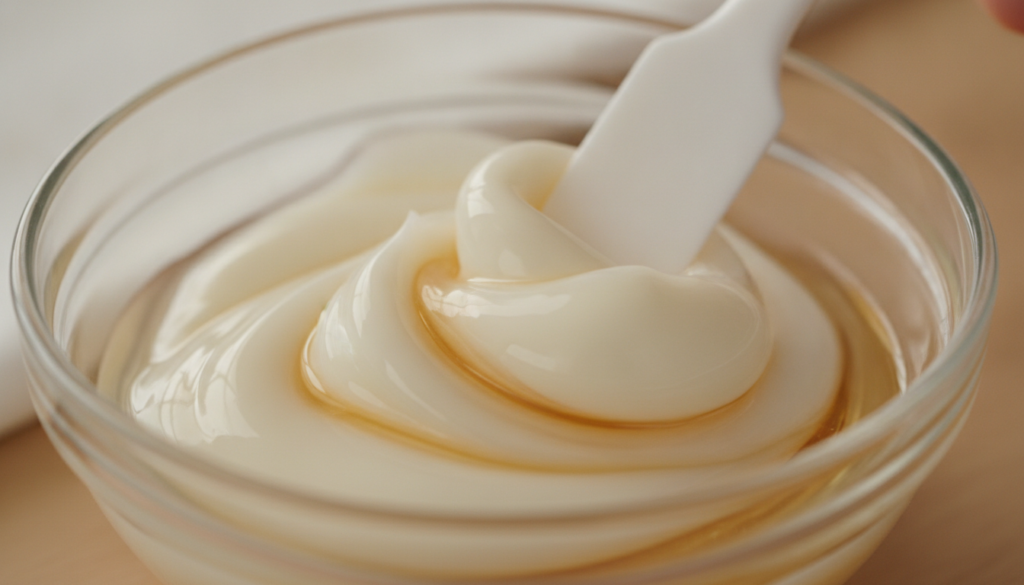 Close-up shot of a small bowl with Vaseline and baby oil being mixed with a tiny spatula showing the creamy texture form