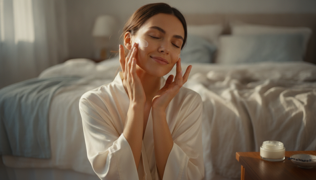 A woman gently massaging a small amount of the balm onto her clean face before bedtime with soft diffused light