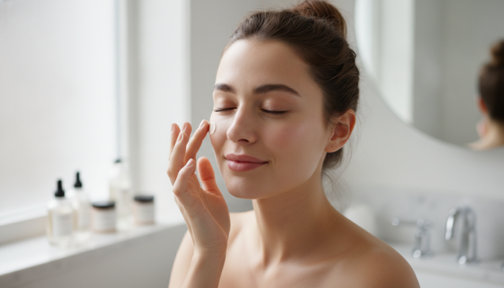 A woman gently applying a small amount of the cream blend to her cheek with her fingertips demonstrating the application