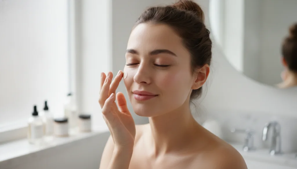 A woman gently applying a small amount of the cream blend to her cheek with her fingertips demonstrating the application
