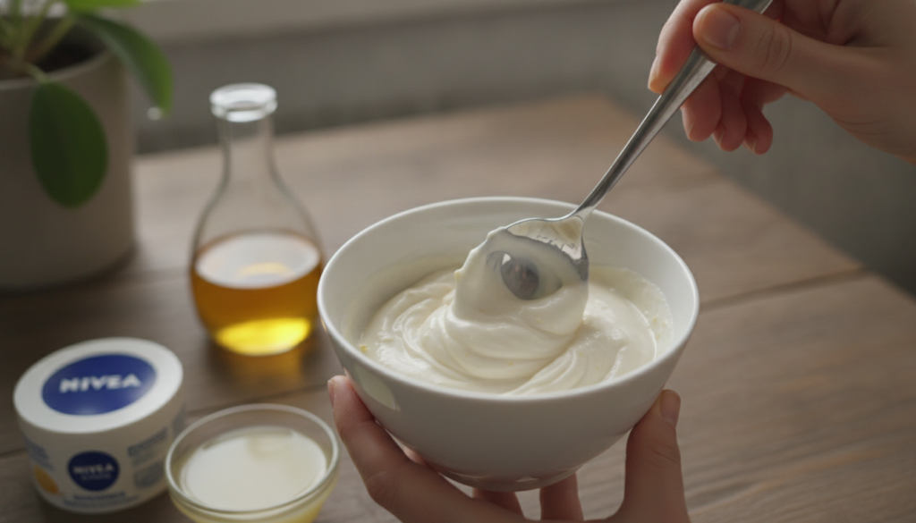 A person s hands gently mixing Nivea Creme almond oil and lemon juice in a small white ceramic bowl with a spoon showing