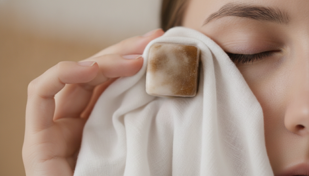 A hand gently holding a single coffee-yogurt ice cube wrapped in a thin cloth ready for application under the eye