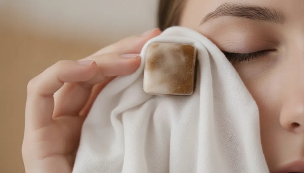 A hand gently holding a single coffee-yogurt ice cube wrapped in a thin cloth ready for application under the eye