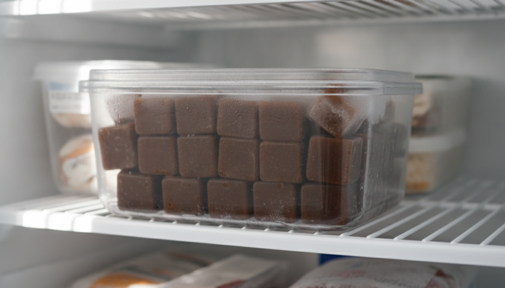 A collection of finished coffee-yogurt ice cubes stored in an airtight container in a freezer showcasing their readiness