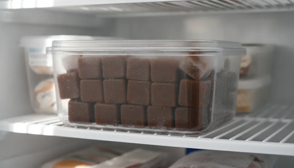 A collection of finished coffee-yogurt ice cubes stored in an airtight container in a freezer showcasing their readiness