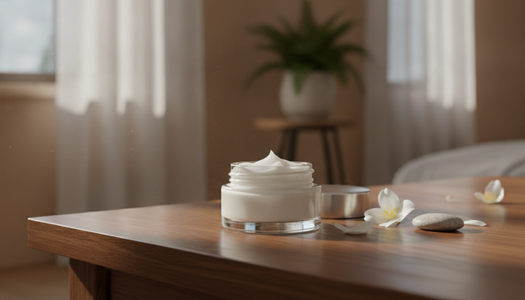 A small elegant glass jar filled with the freshly made smooth Vaseline face cream ready for use placed on a vanity with 