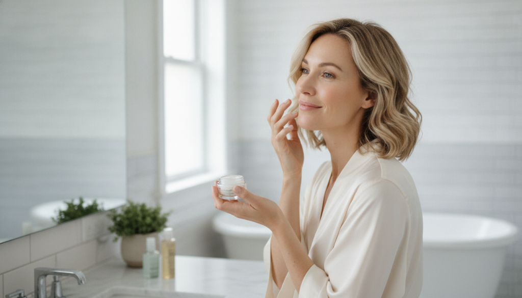 A woman gently applying a small amount of the homemade Vaseline face cream to her clean face massaging it in with a sere