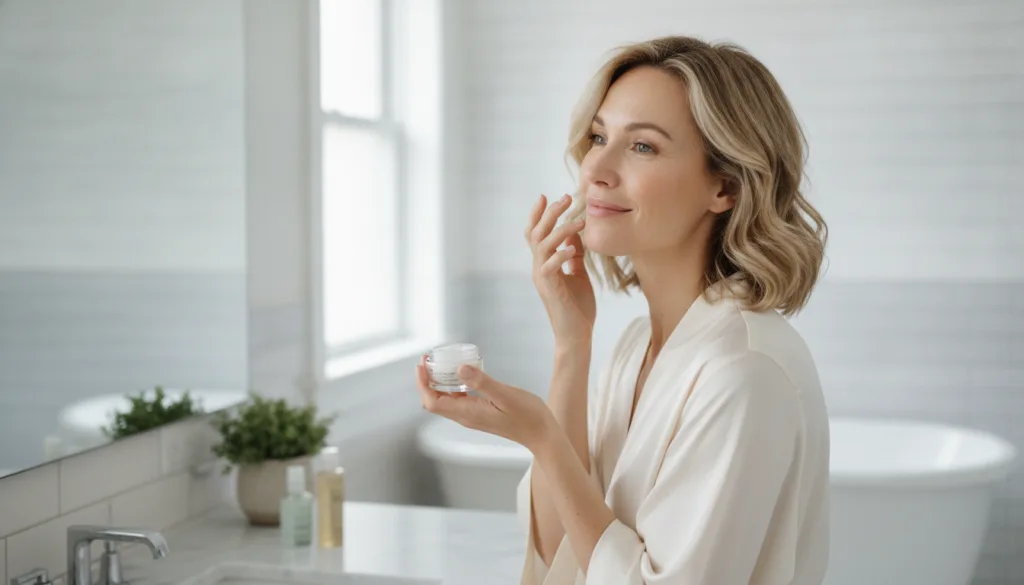 A woman gently applying a small amount of the homemade Vaseline face cream to her clean face massaging it in with a sere