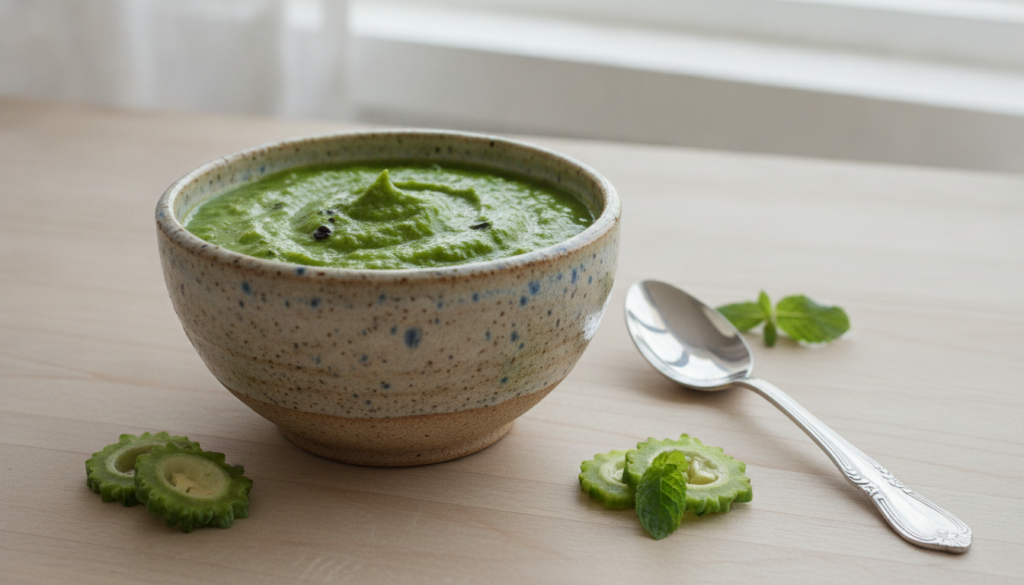 A smooth green bitter gourd paste in a small ceramic bowl with a spoon nearby indicating it s freshly prepared for a ski