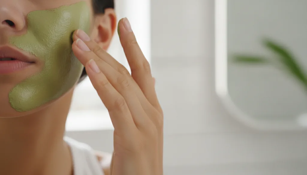 A person s hand applying a green paste to their cheek demonstrating the topical use of the bitter gourd remedy