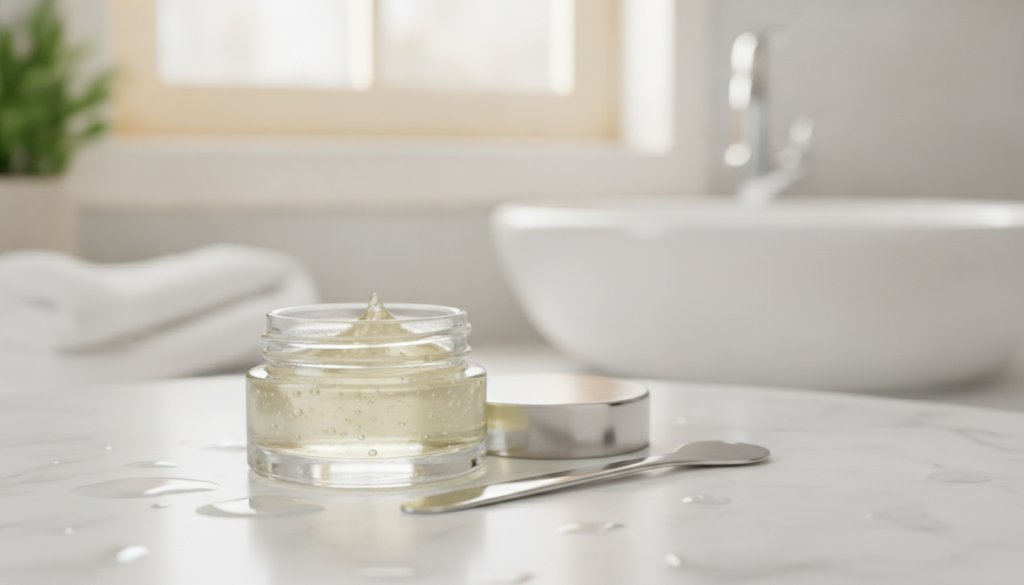 A small glass jar containing a smooth shiny translucent balm made from Vaseline and baby oil with a mixing tool beside i