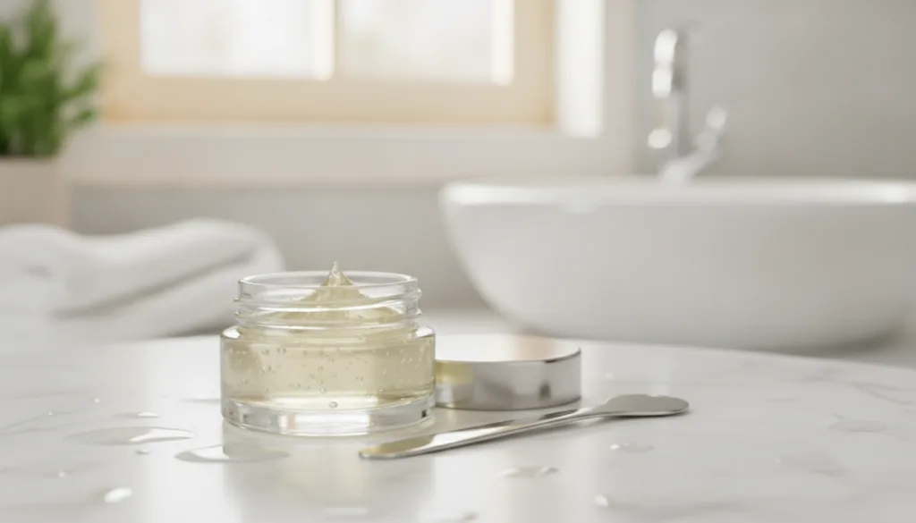 A small glass jar containing a smooth shiny translucent balm made from Vaseline and baby oil with a mixing tool beside i