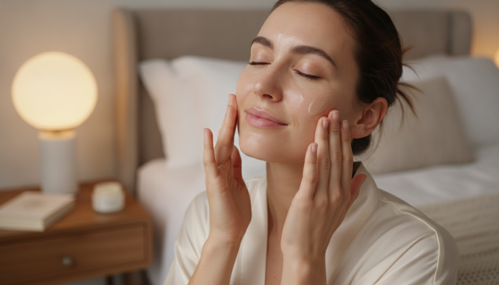 A woman gently patting the DIY glass skin balm onto her clean face before bed with soft lighting