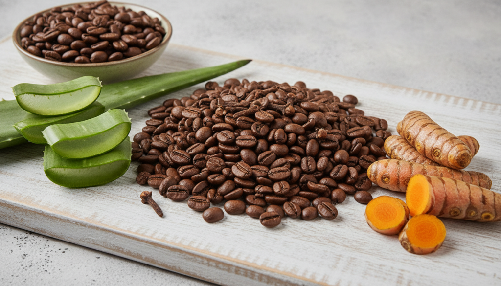 Individual natural ingredients like whole coffee beans dried cloves fresh aloe vera leaves and vibrant turmeric roots ar