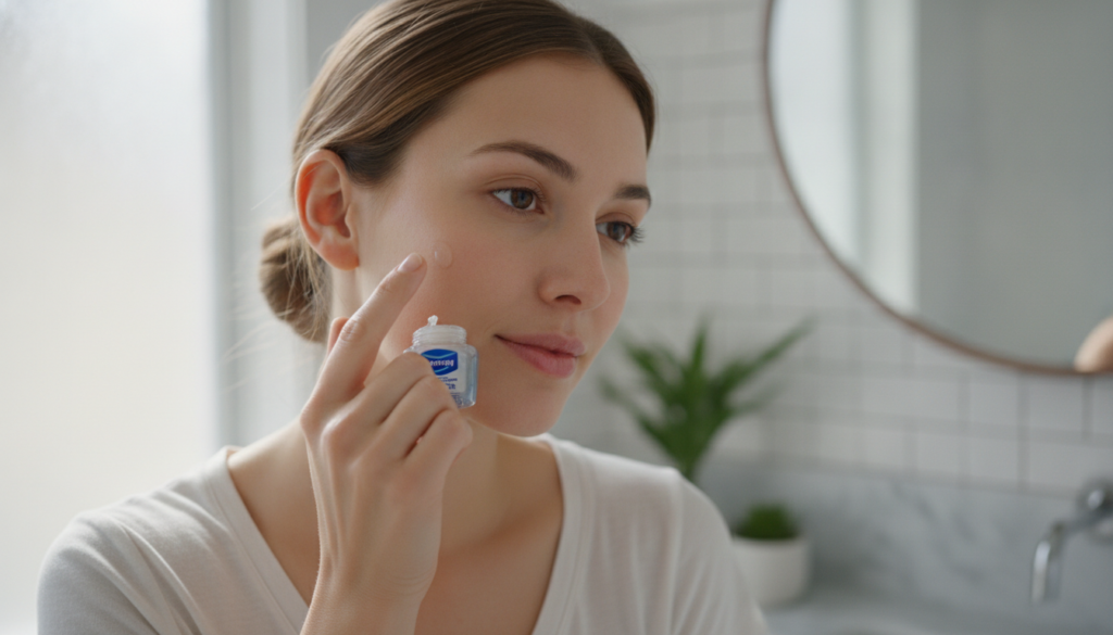 A woman gently applying a small amount of Vaseline balm from one of the mini jars onto her face focusing on a cheek area