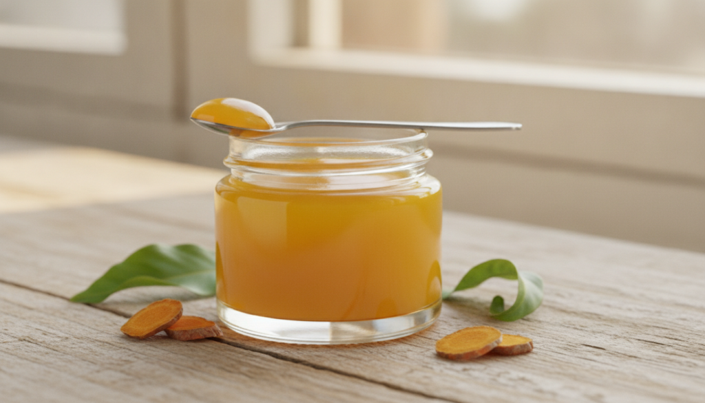 A close-up of a small glass jar filled with a freshly made golden-yellow turmeric-infused Vaseline balm with a tiny spoo