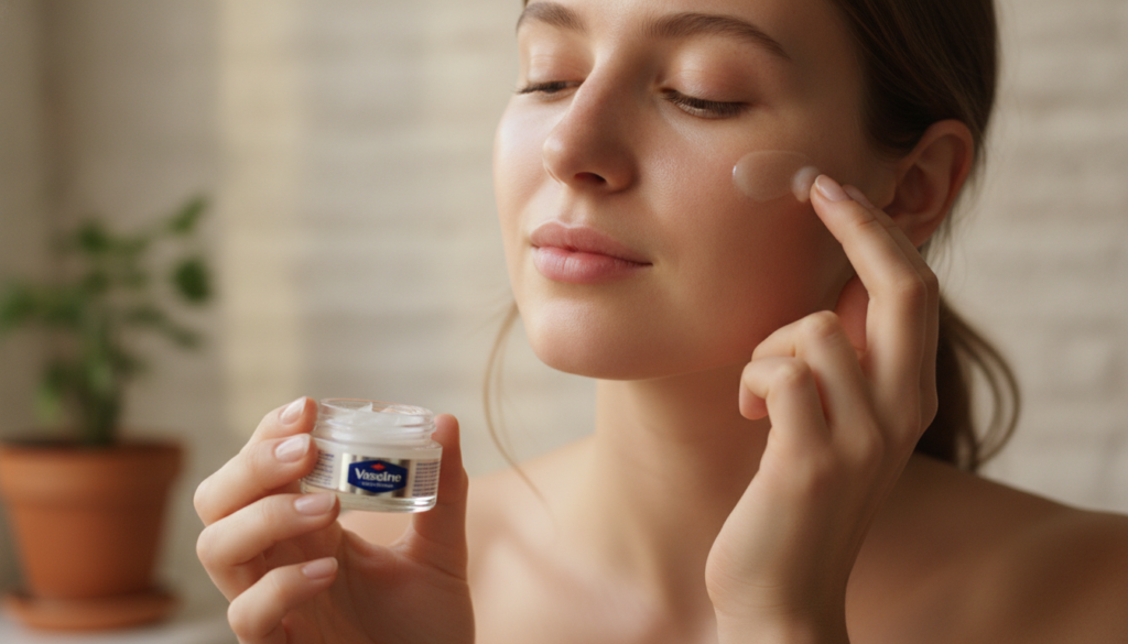 A woman gently dabbing a small amount of the infused Vaseline balm onto her cheekbone for a subtle highlight showing a n
