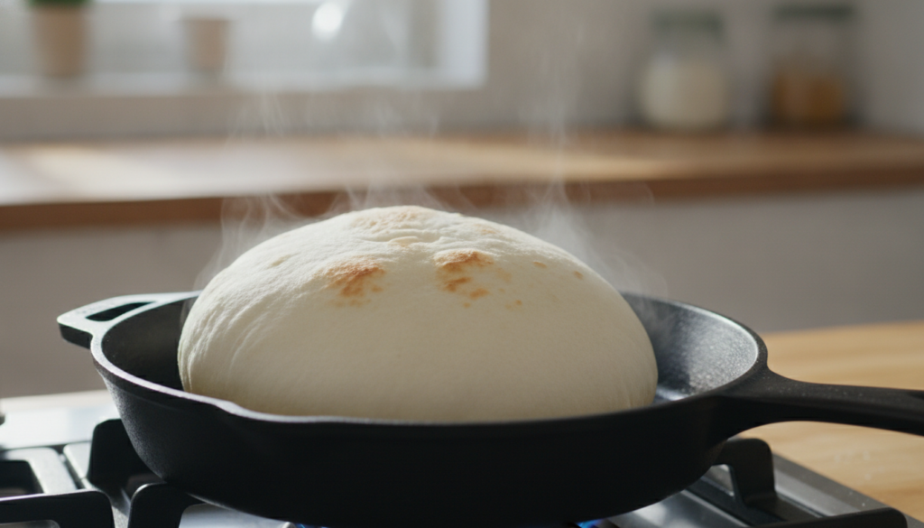 Close-up of a Kuboos bread puffing up like a balloon in a hot cast iron skillet during the baking process