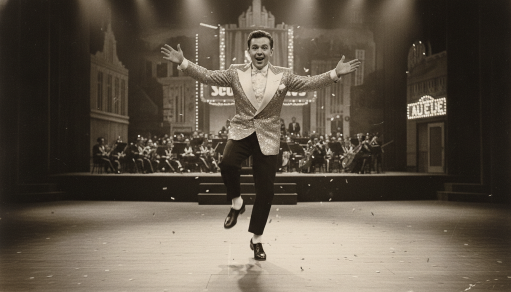 A real archival photo of Mickey Rooney performing on stage or in a musical film highlighting his musical talent