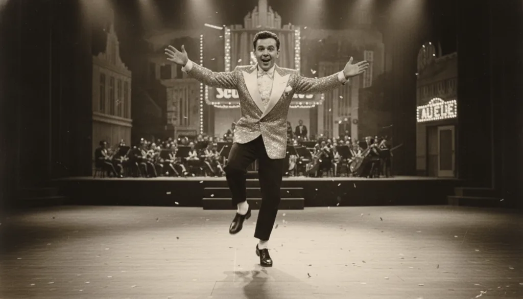 A real archival photo of Mickey Rooney performing on stage or in a musical film highlighting his musical talent