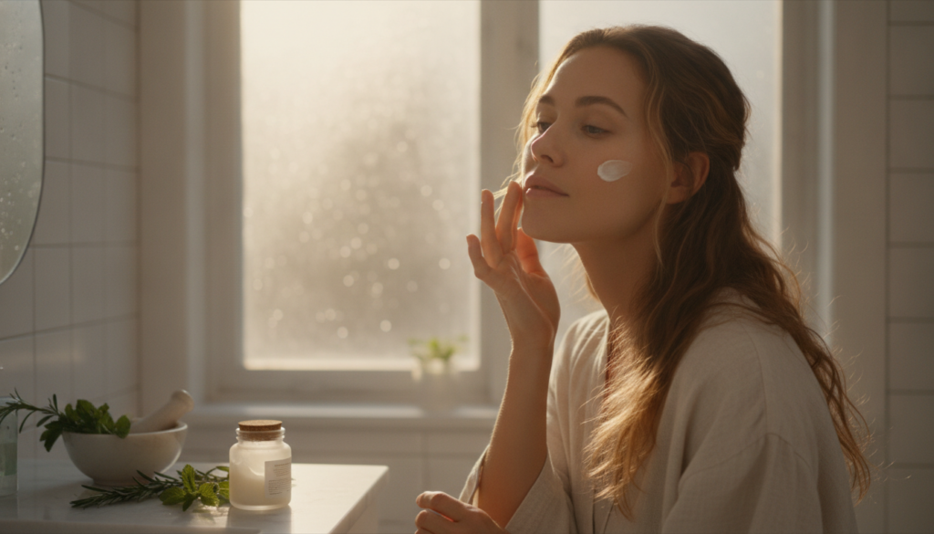 A woman gently massaging a homemade cream onto her cheek with her fingertips demonstrating a natural beauty routine