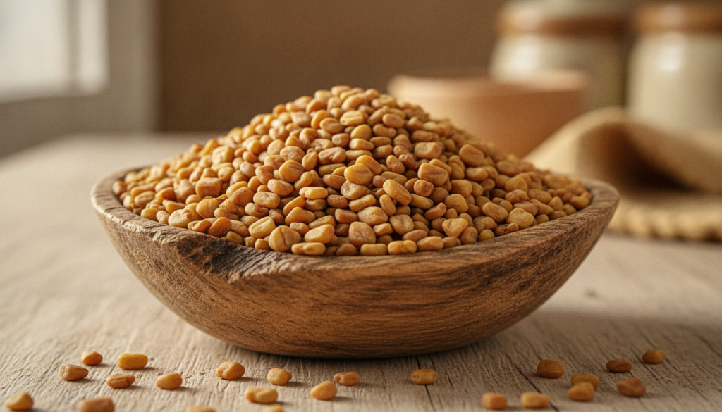 A close-up of dried fenugreek seeds in a small wooden bowl highlighting their natural texture and golden-brown color