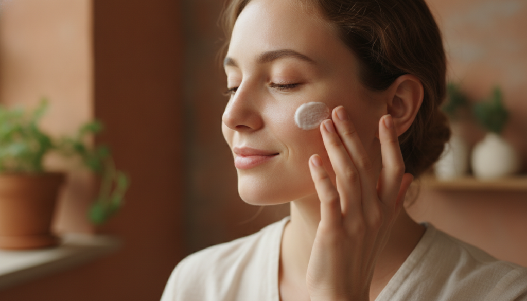 A woman gently applying a small amount of the DIY Vaseline cream to her cheek with her fingertips her skin appearing sof