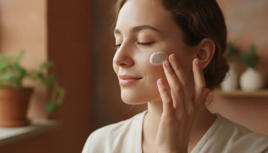 A woman gently applying a small amount of the DIY Vaseline cream to her cheek with her fingertips her skin appearing sof