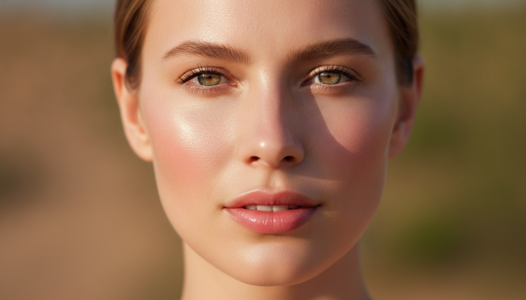 A close-up of a woman s face her skin glowing and smooth with a subtle natural radiance conveying a fresh and healthy ap