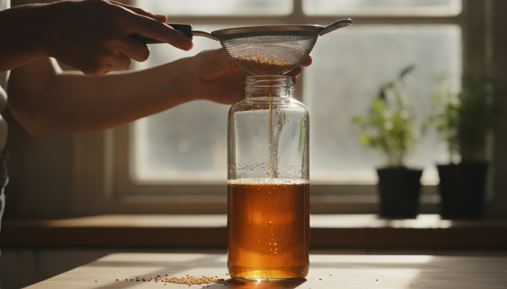 A person carefully straining the cooled fenugreek rice and clove liquid through a fine-mesh sieve into a glass bottle wi