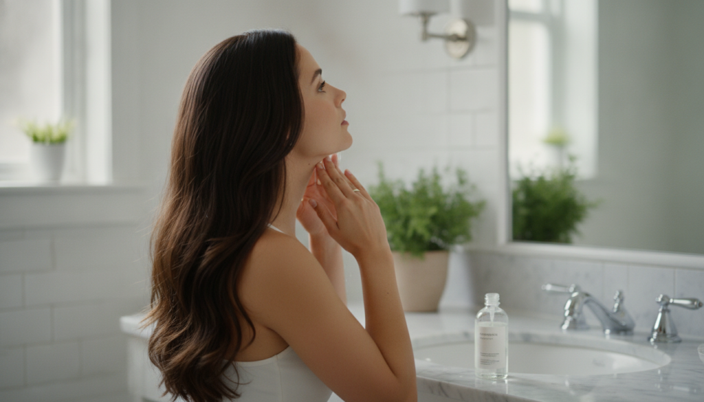 A woman gently applying a liquid hair rinse to her scalp and hair with her fingers showing healthy dark hair in a bright