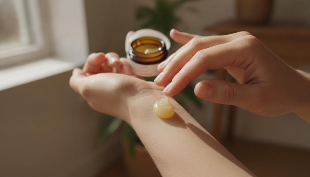 A person gently applying a small amount of the yellowish balm to their arm or leg demonstrating the usage