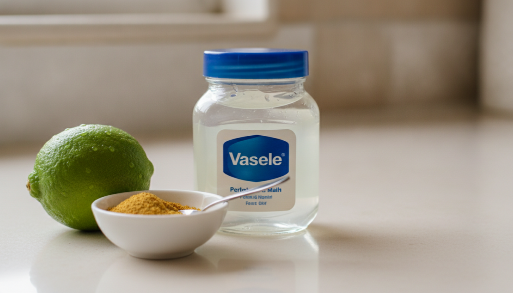 Individual ingredients a jar of Vaseline a fresh green lime and a small bowl of fenugreek powder on a clean surface