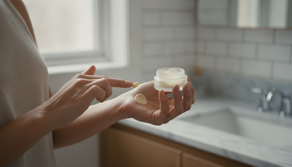 A woman gently applying the Vaseline lime and fenugreek paste to her cheek with her fingertips showing a patch test area