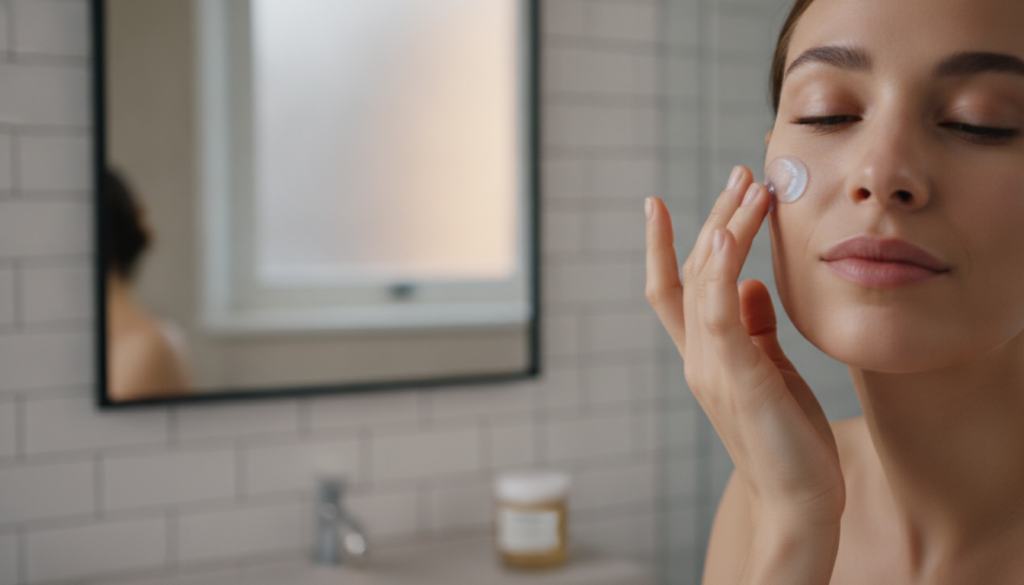 A woman gently applying a small amount of clear or light blue gel to her face at night with a soft clean aesthetic