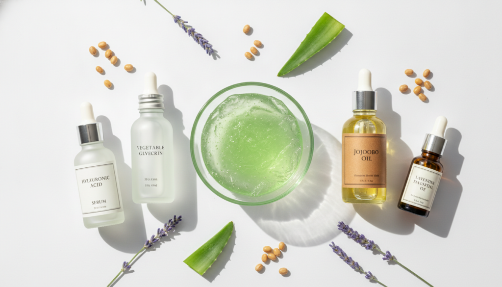 Various ingredients for a DIY beauty gel laid out on a clean surface a bowl of aloe vera gel a dropper bottle of hyaluro