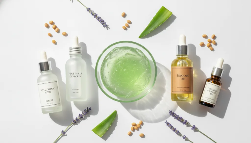 Various ingredients for a DIY beauty gel laid out on a clean surface a bowl of aloe vera gel a dropper bottle of hyaluro