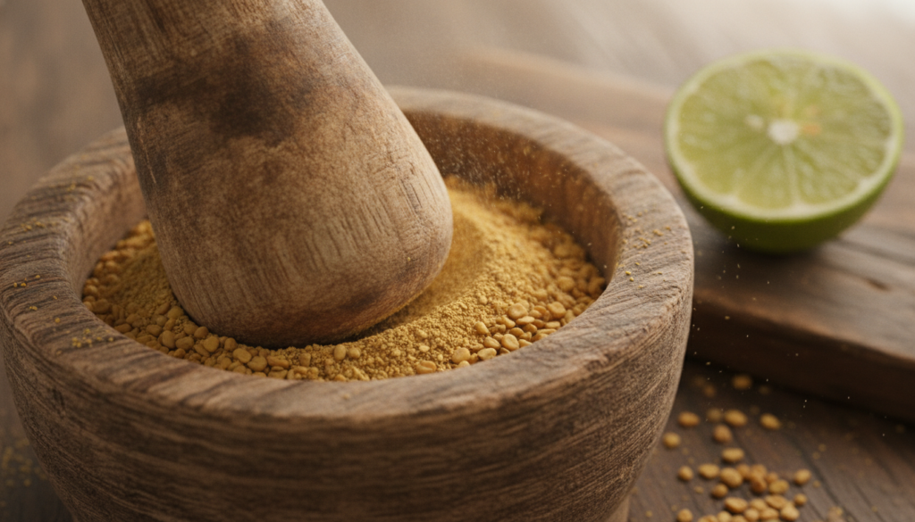 A close-up of fenugreek seeds being ground in a mortar and pestle with a fresh lime half nearby