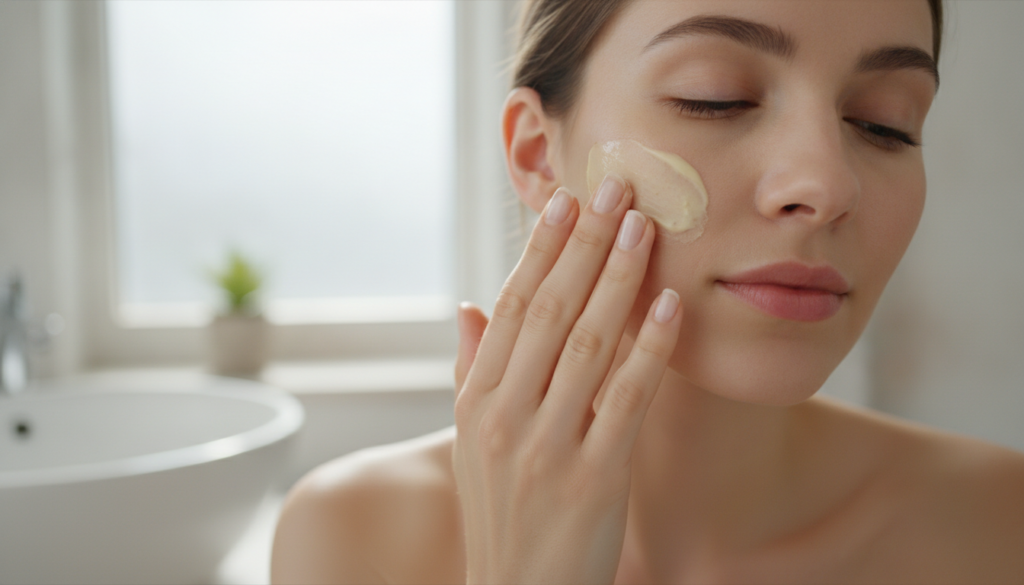A woman s hand gently applying the Vaseline fenugreek and lime mix to her face focusing on the cheek area with a soft gl