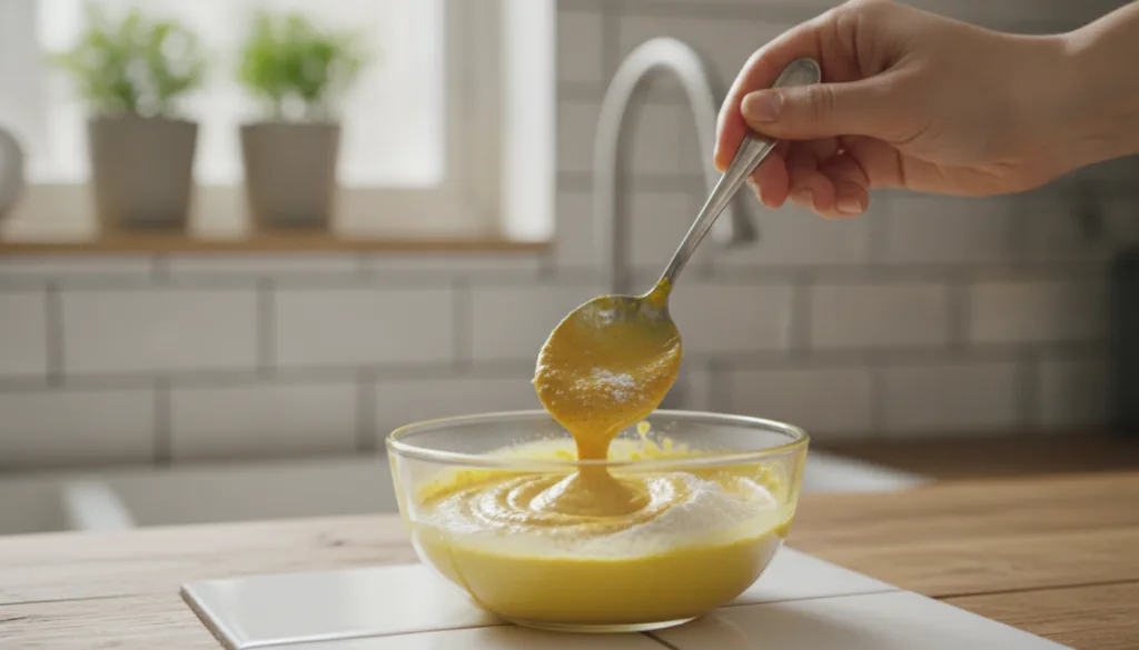 A woman s hand mixing baby oil with turmeric and rice flour in a small glass bowl using a spoon
