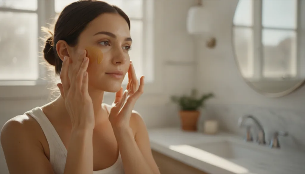 A woman gently massaging a golden oil blend onto her face with her fingertips in a soft natural light bathroom setting