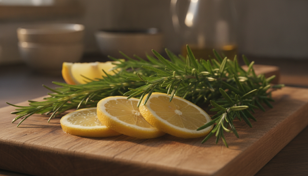 Close-up of fresh rosemary sprigs and bright yellow lemon slices arranged attractively on a wooden cutting board highlig