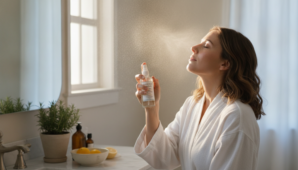 A person gently misting their face with a homemade rosemary lemon spray their eyes closed in relaxation The spray create