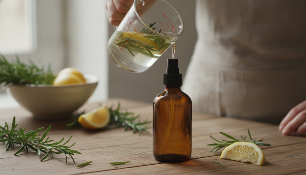 A person carefully pouring the strained rosemary and lemon infused water into a dark glass spray bottle